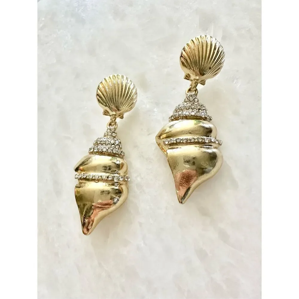 Gold color seashell dangle earrings with rhinestones  - Picture 2 of 2